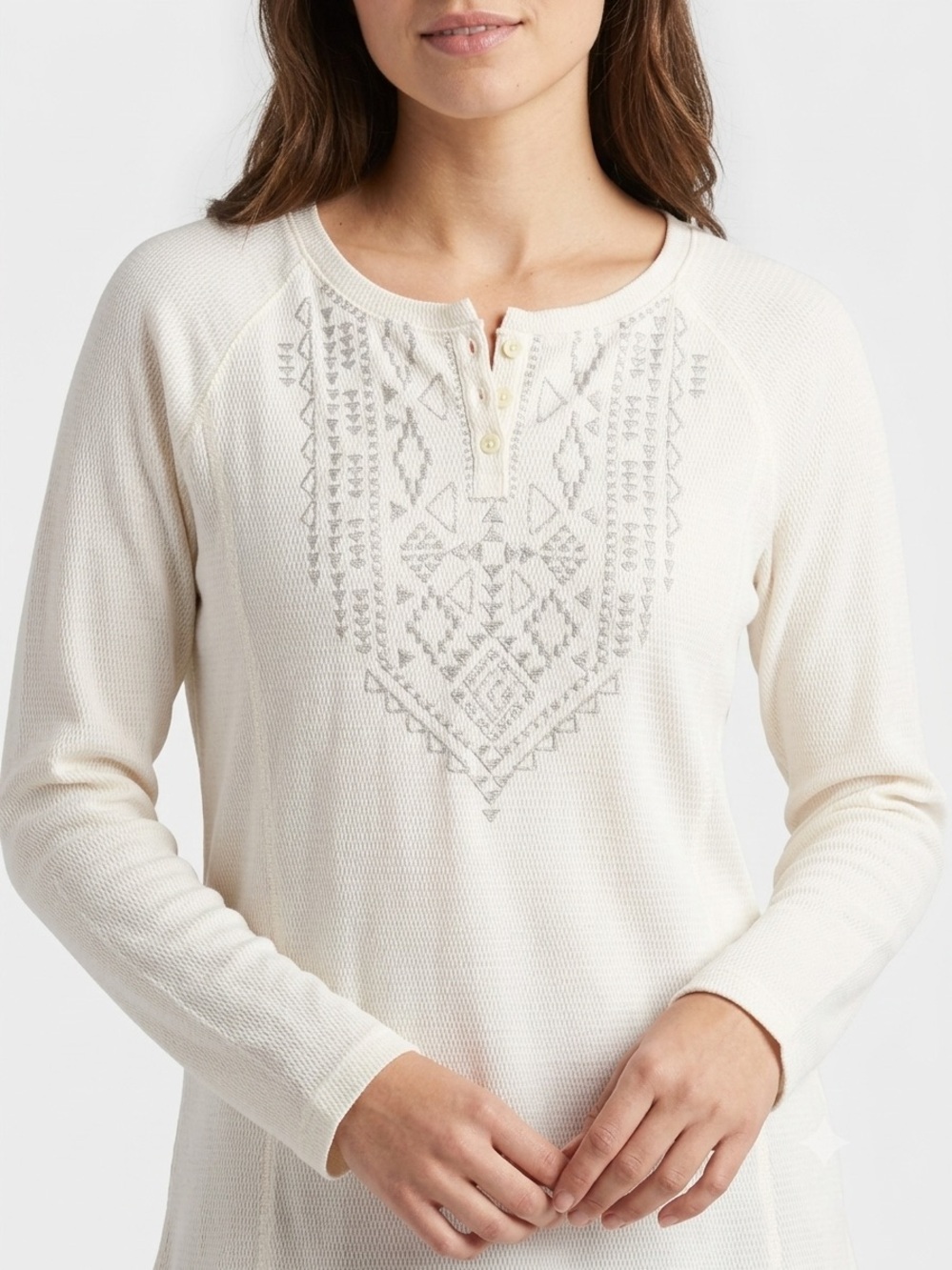 Eddie Bauer Embroidered Waffle Knit Thermal Henley Top XL Cream Southwestern